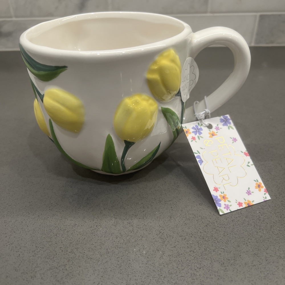 Petal & Pearl Tulips Floral Spring Hand Painted Ceramic 18 Oz Coffee Tea Mug
